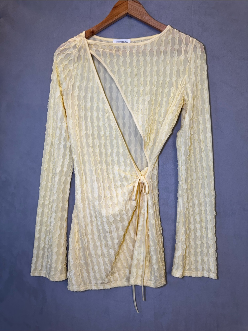 Peppermayo Wrap Top XS Butter Yellow Sheer Textured Tie Front Y2K Long Sleeve